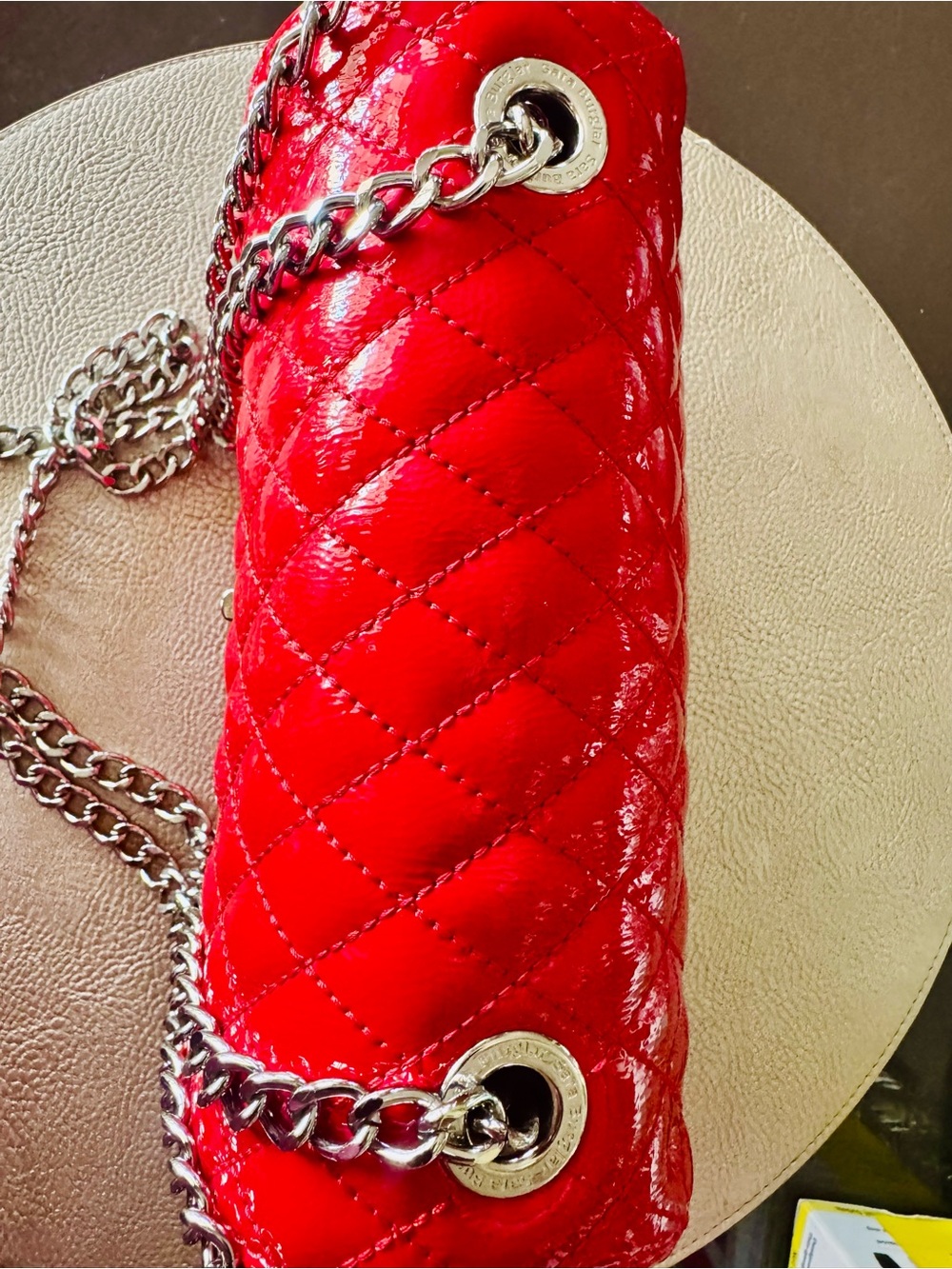 Italian Leather Red Quilted Patent Chain Shoulder Bag - Women's Fashion.